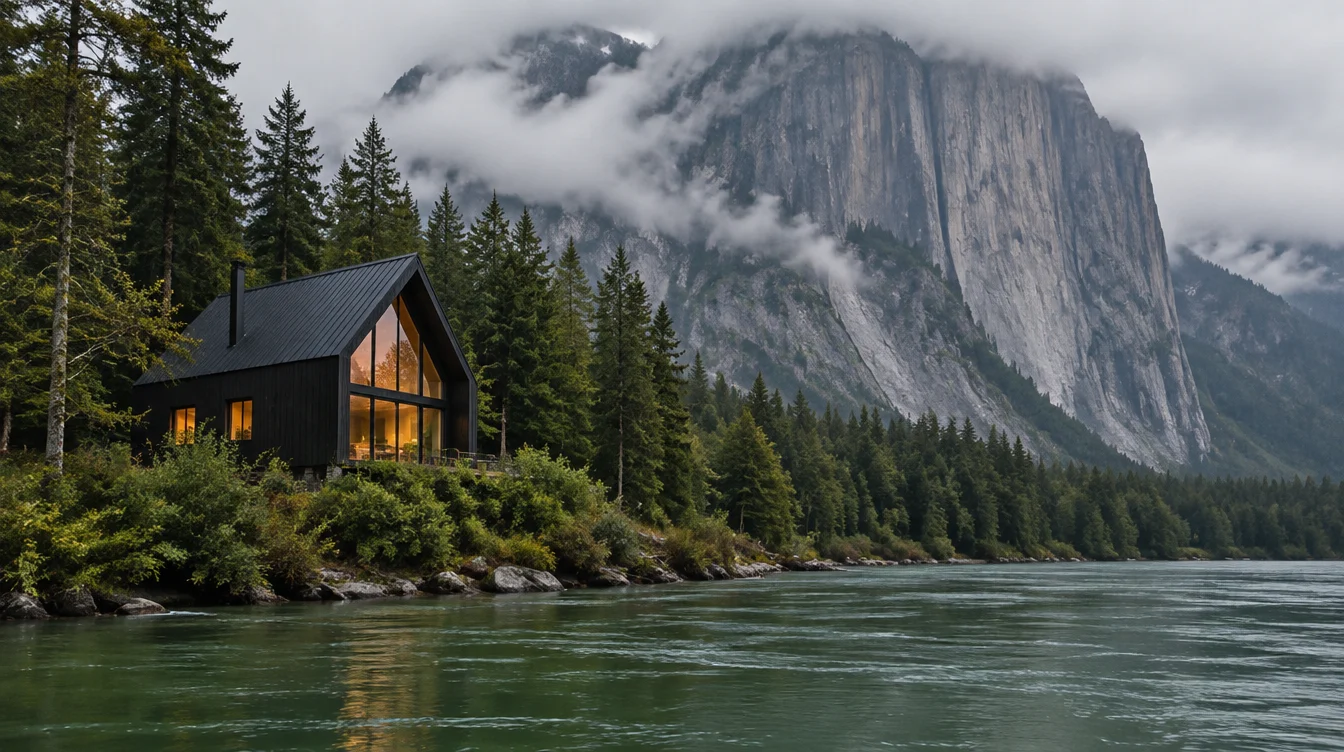 A black clad cabin by a green river under a granite cliff