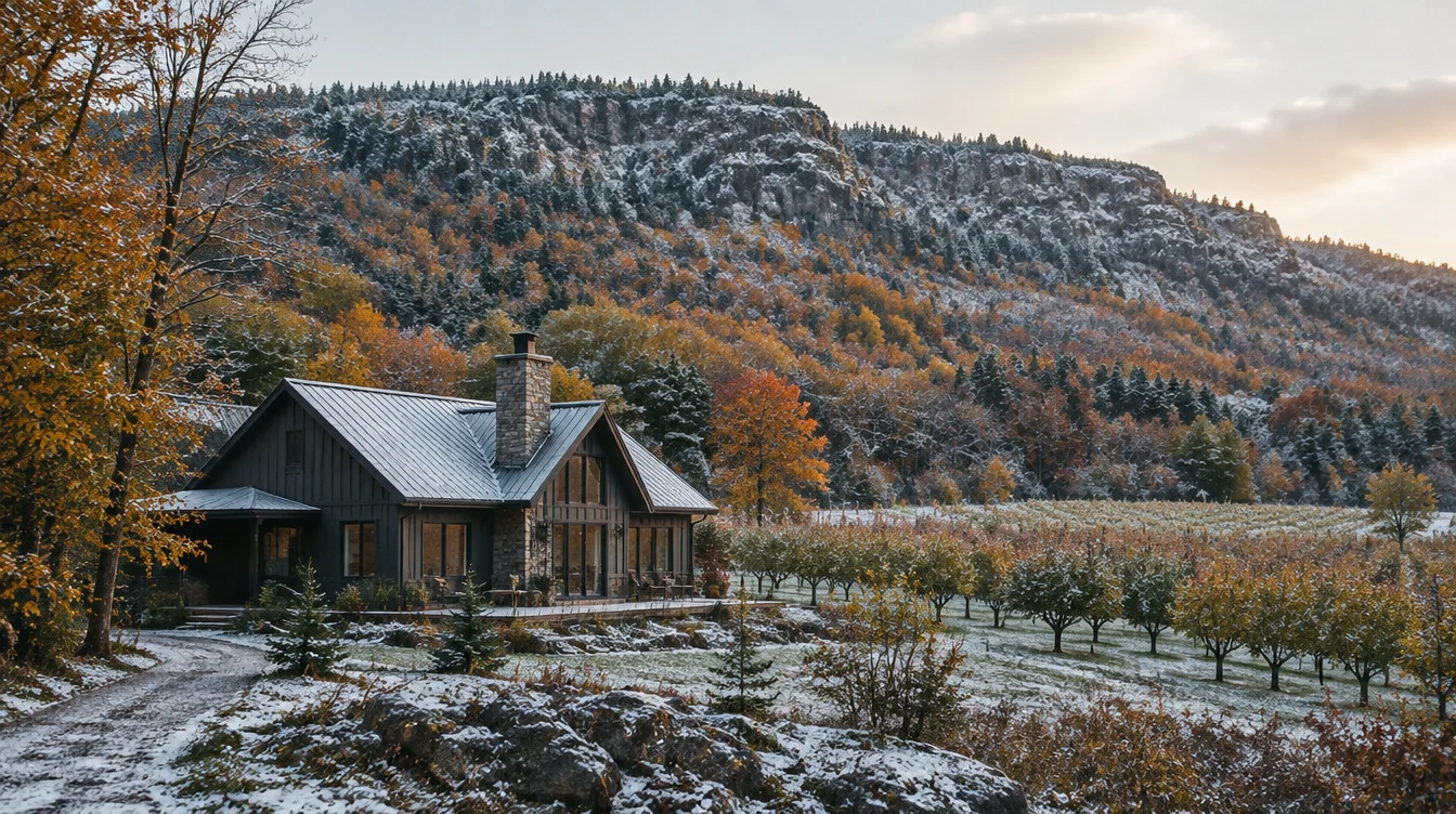 A board and batten chalet below an escarpment with first snow over autumn colour