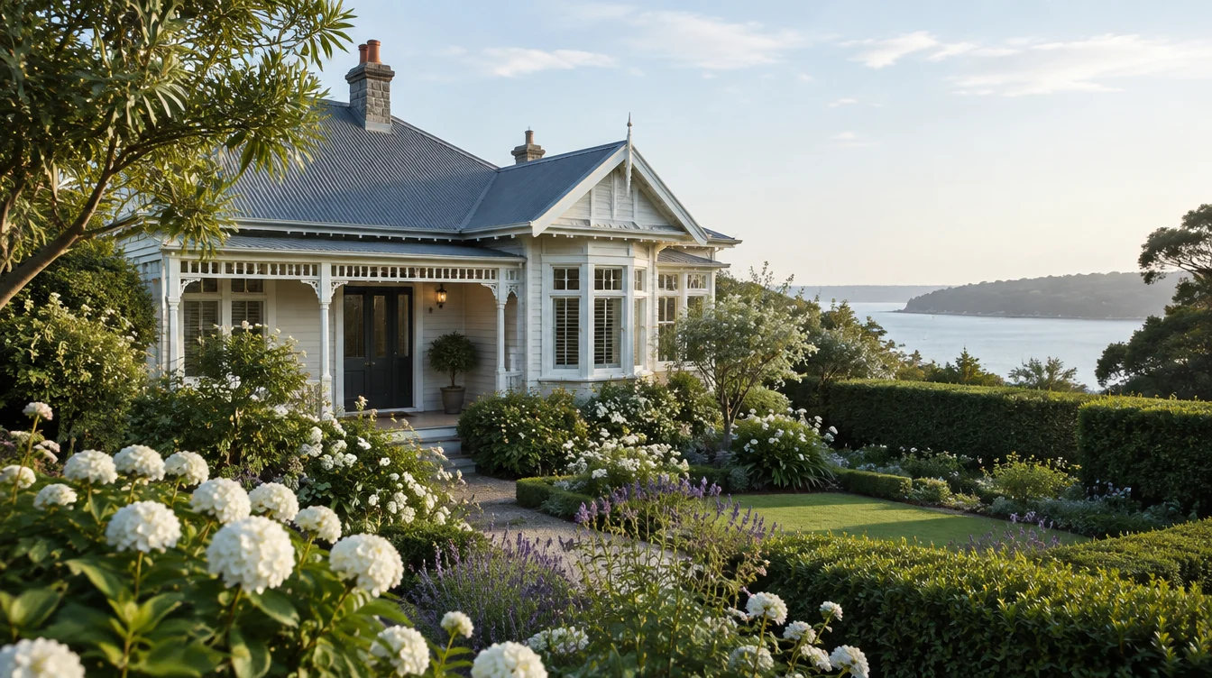 A heritage character house behind a garden in bloom