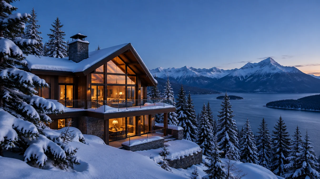 A timber and glass chalet in deep snow at dusk