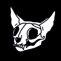 Cets on Creck collection mark, a white cat skull on black