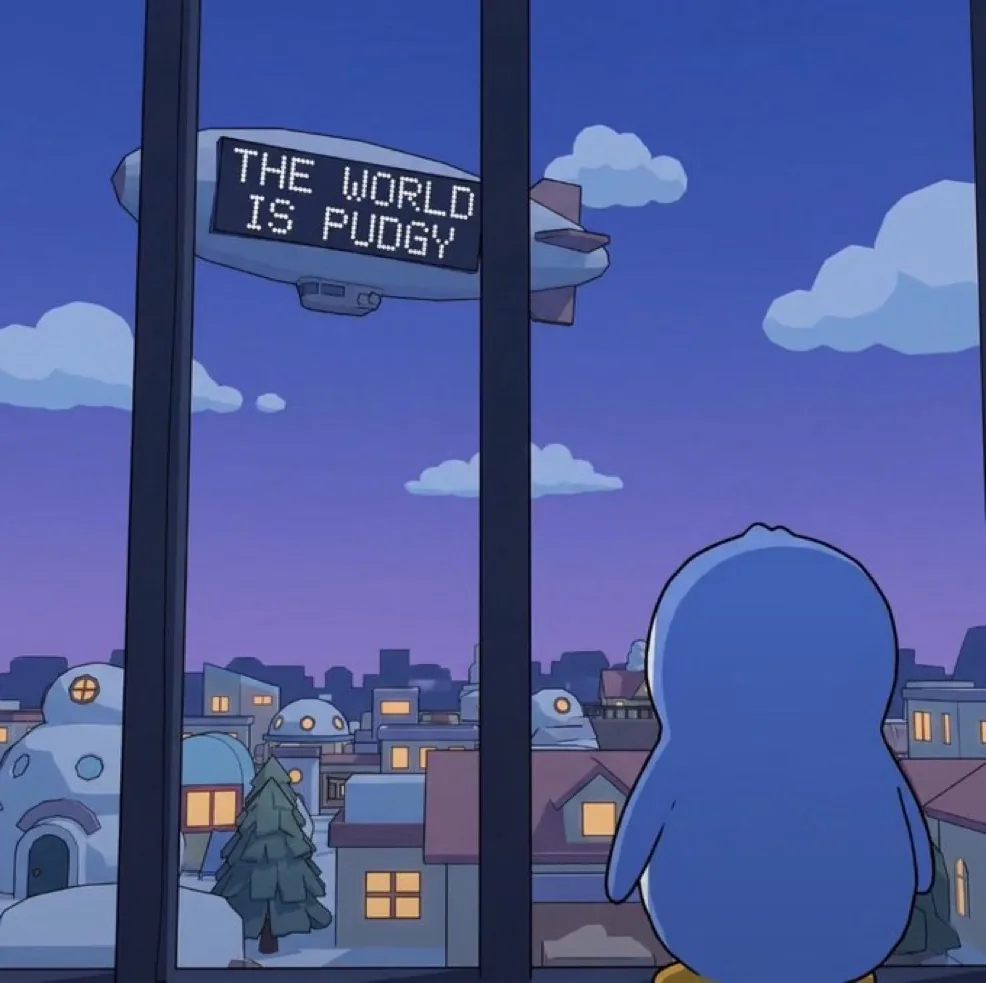 An illustration of a Pudgy Penguin at a window watching an airship over a snow covered town, the airship carrying a sign reading THE WORLD IS PUDGY