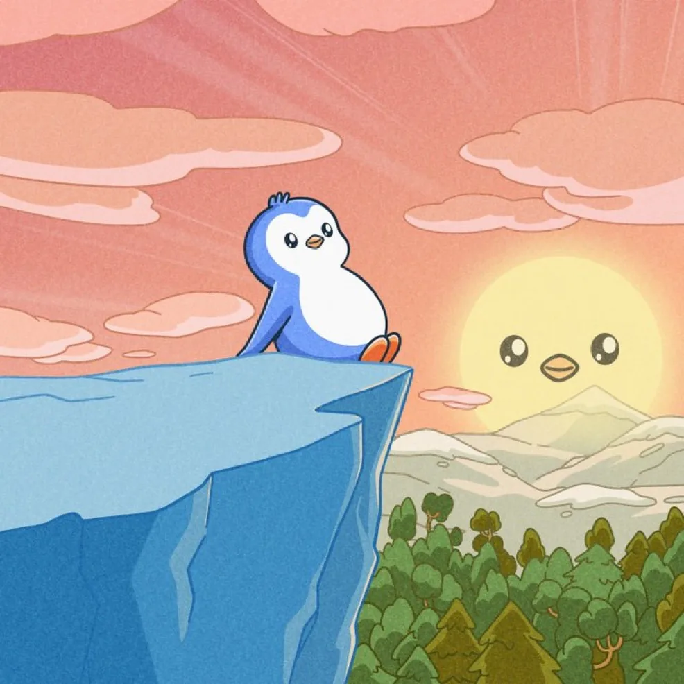 An illustration of a Pudgy Penguin sitting on the edge of an ice cliff at sunset, looking out over a forest and mountains at a sun with a face on it