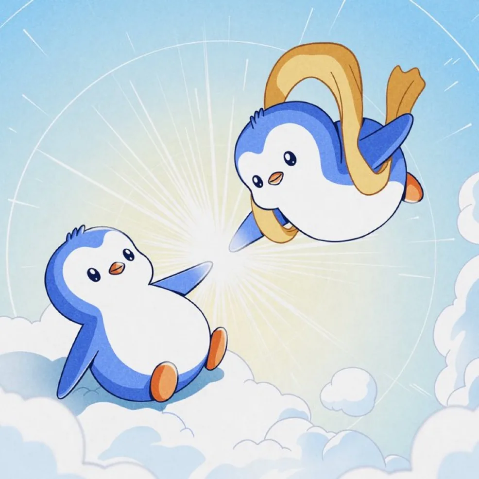 An illustration of two Pudgy Penguins in the air above a bank of white clouds, one wearing a gold scarf