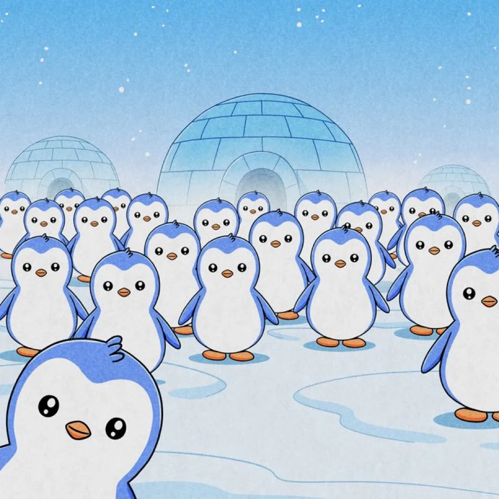 An illustration of a large crowd of Pudgy Penguins standing on snow in front of three igloos under a pale sky