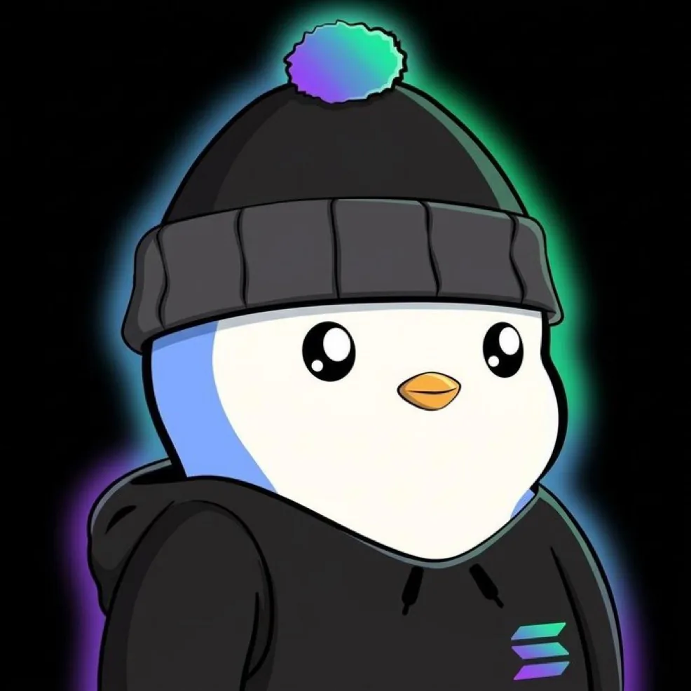 A Pudgy Penguin in a black hoodie carrying the Solana three bar mark and a dark beanie with a Solana gradient bobble, on a black background
