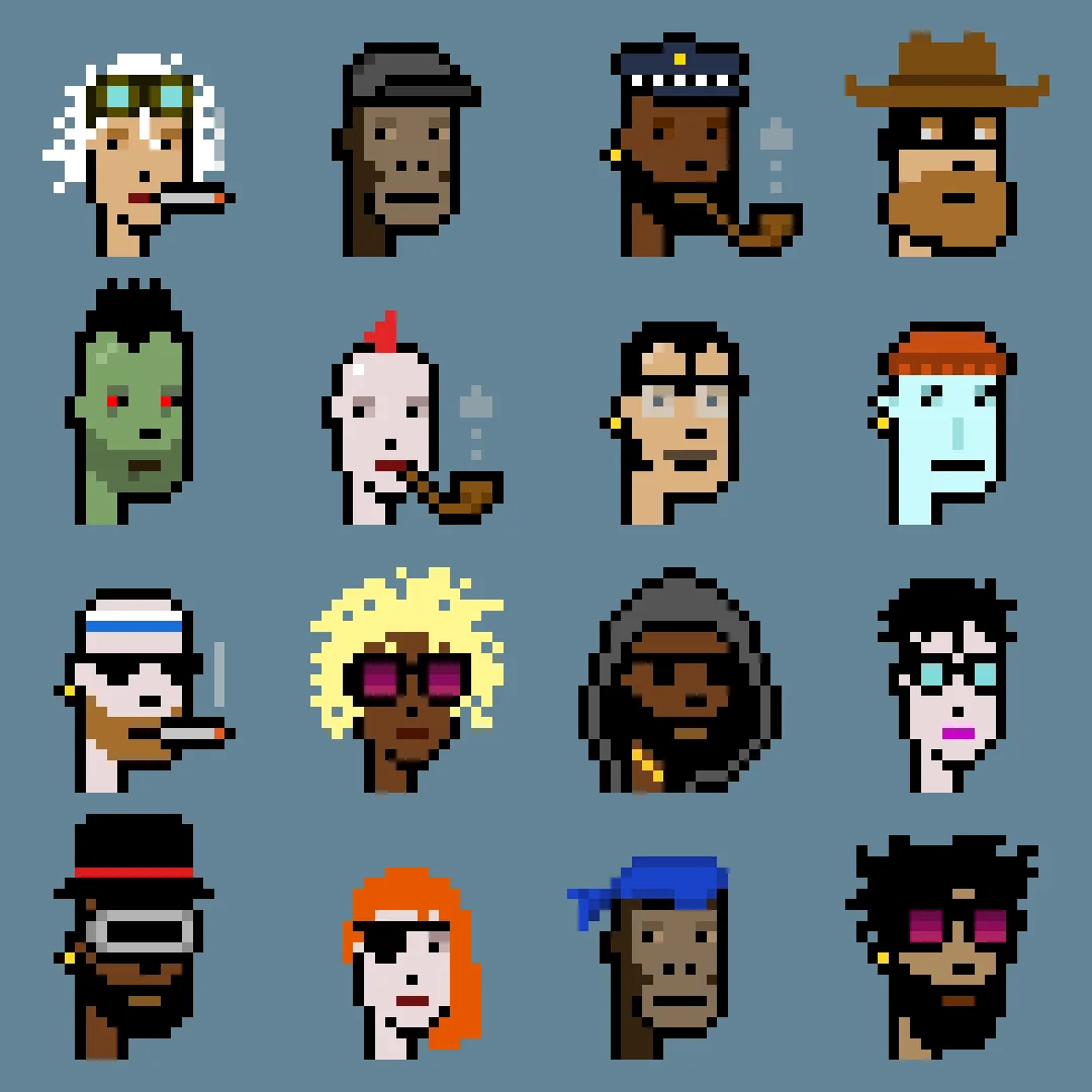 A four by four grid of sixteen CryptoPunks on a blue grey background, showing zombie, ape and alien types among the humans