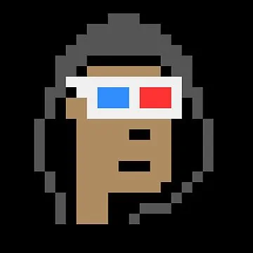 A single CryptoPunk, a 24 by 24 pixel portrait of a figure in a headset and red and blue 3D glasses