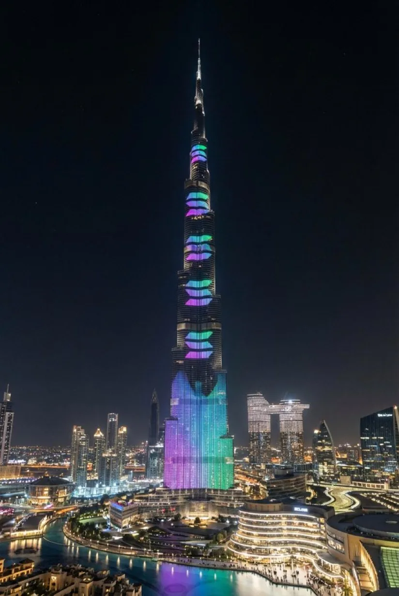 The Burj Khalifa in Dubai lit at night in the Solana gradient of purple, blue and green