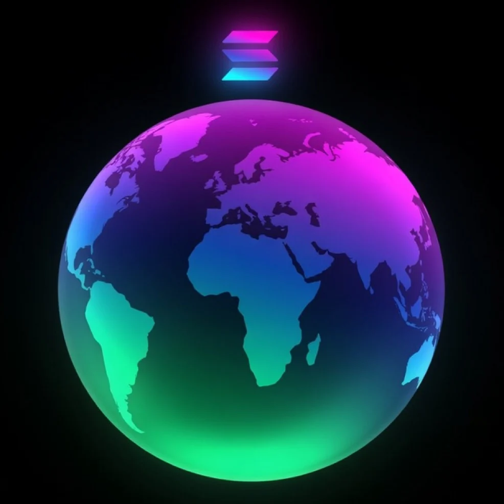 A glowing globe rendered in the Solana gradient of green, blue and purple, with the Solana three bar mark floating above it