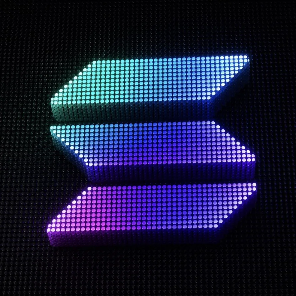 The Solana three bar mark rendered as a dense grid of coloured LEDs on a black panel