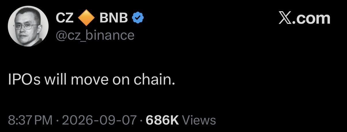 Screenshot of CZ's post on X reading IPOs will move on chain, 686,000 views