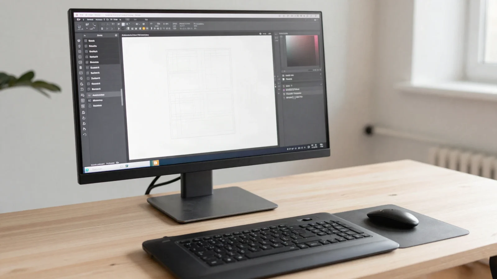 A designer desk with a monitor showing a page layout grid, a graphics tablet and stylus