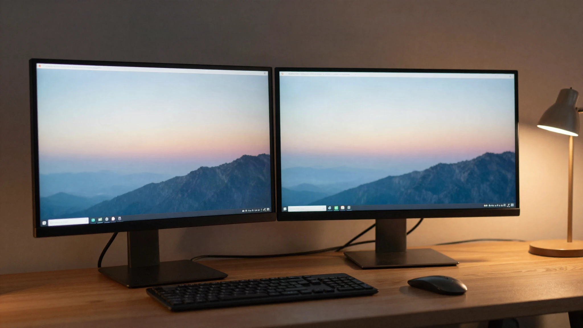A dual monitor desk setup at dusk with interface panels softly out of focus