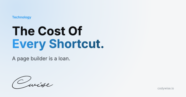 Card reading The Cost Of Every Shortcut. A page builder is a loan.