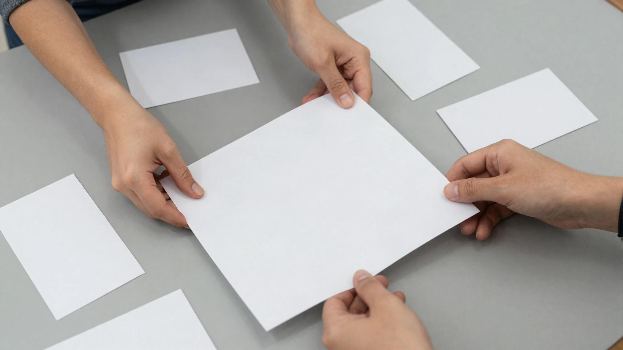 Hands arranging blank paper rectangles into a page layout on a large table