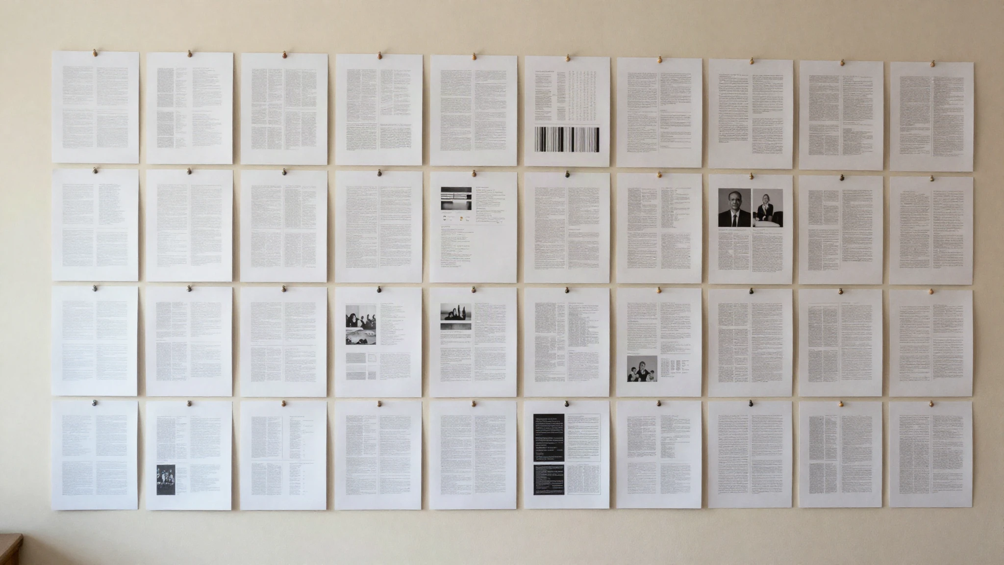 A studio wall with rows of printed page layout variations pinned up in a grid