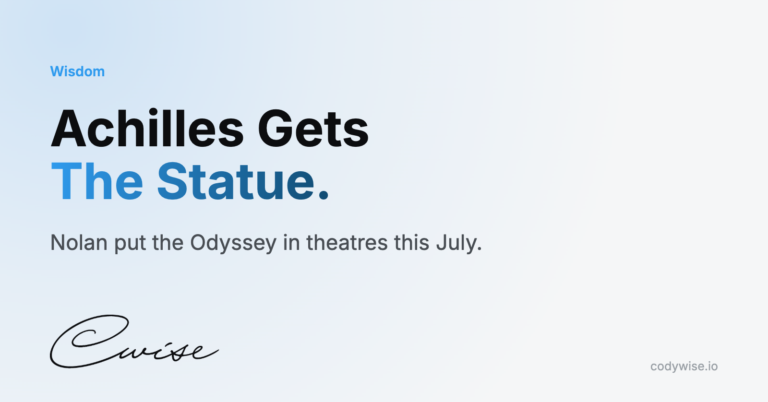 Card reading Achilles Gets The Statue. Nolan put the Odyssey in theatres this July.