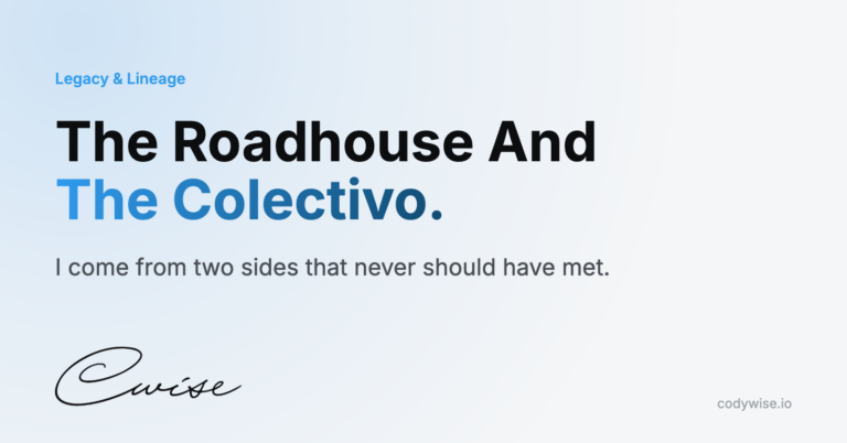 Card reading The Roadhouse And The Colectivo. I come from two sides that never should have met.