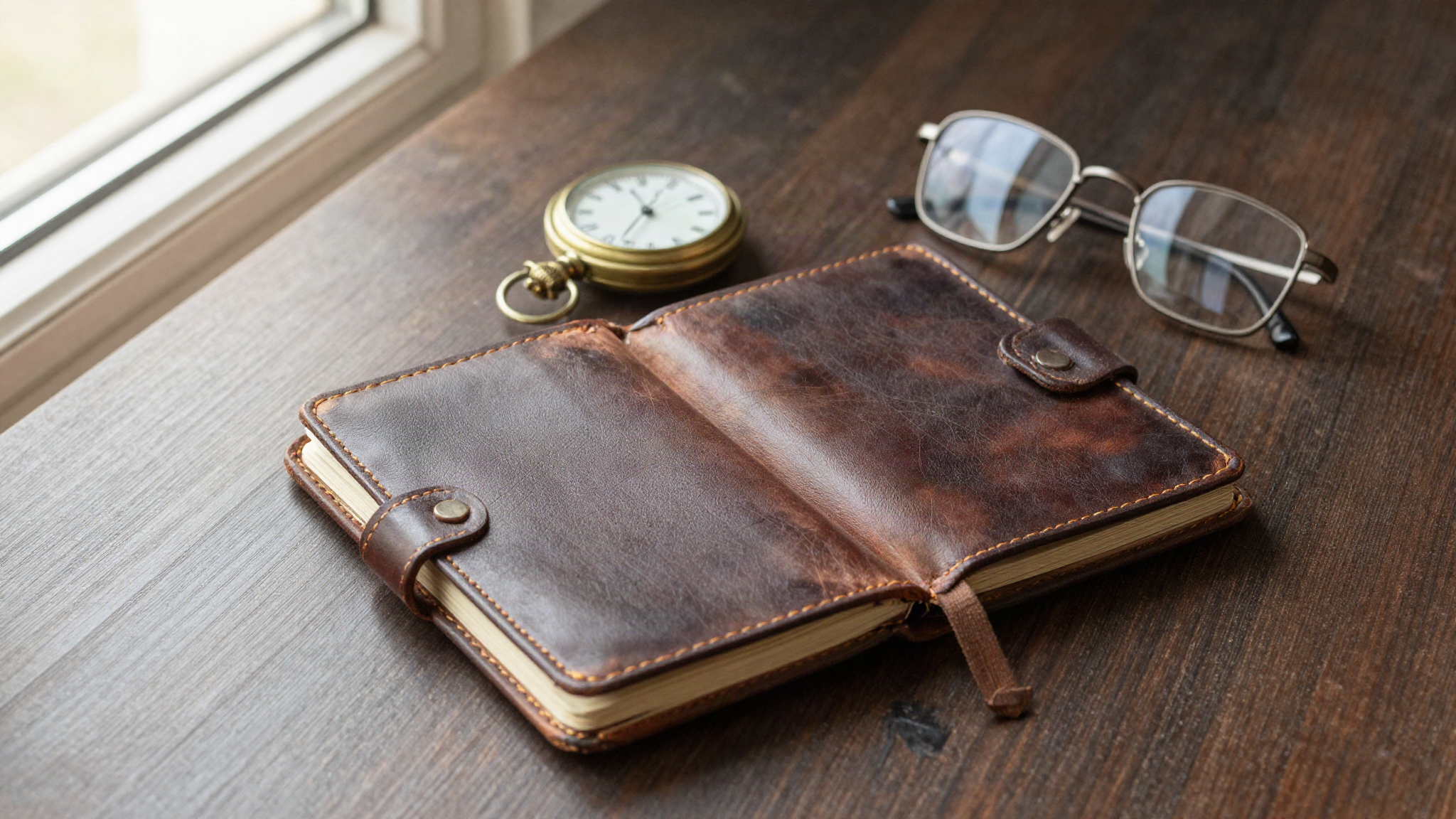 A worn leather pocket diary open on a wooden desk beside an antique brass pocket watch in morning light