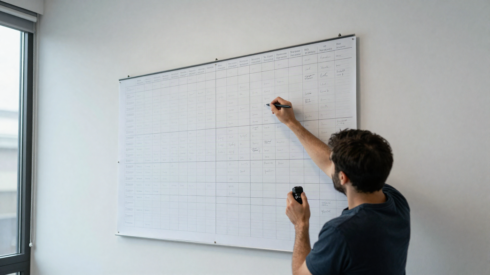 Hands marking a single square on a large paper wall planner covered in small handwritten marks