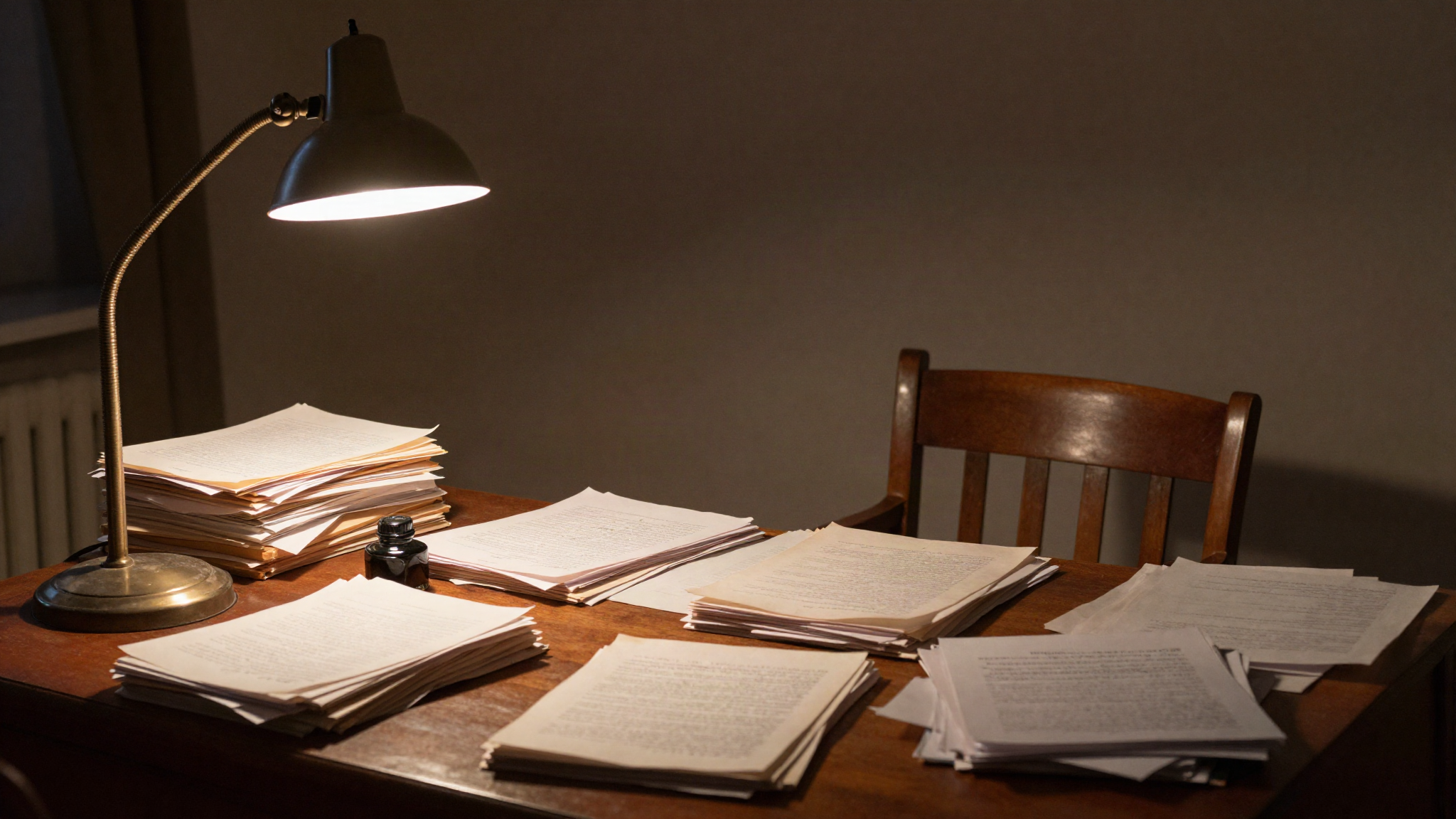 An old writing desk at night lit by a single lamp with thick stacks of handwritten manuscript pages