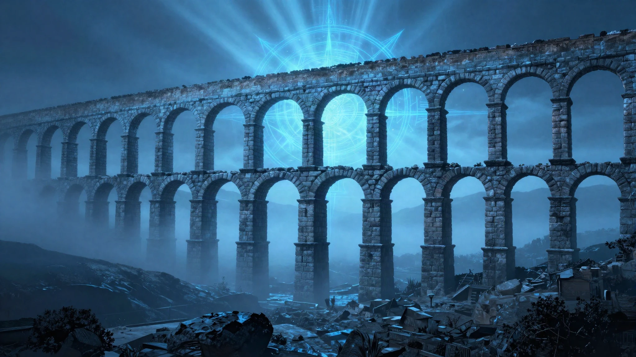 Ancient stone aqueduct in receding arches across a misted valley in blue light