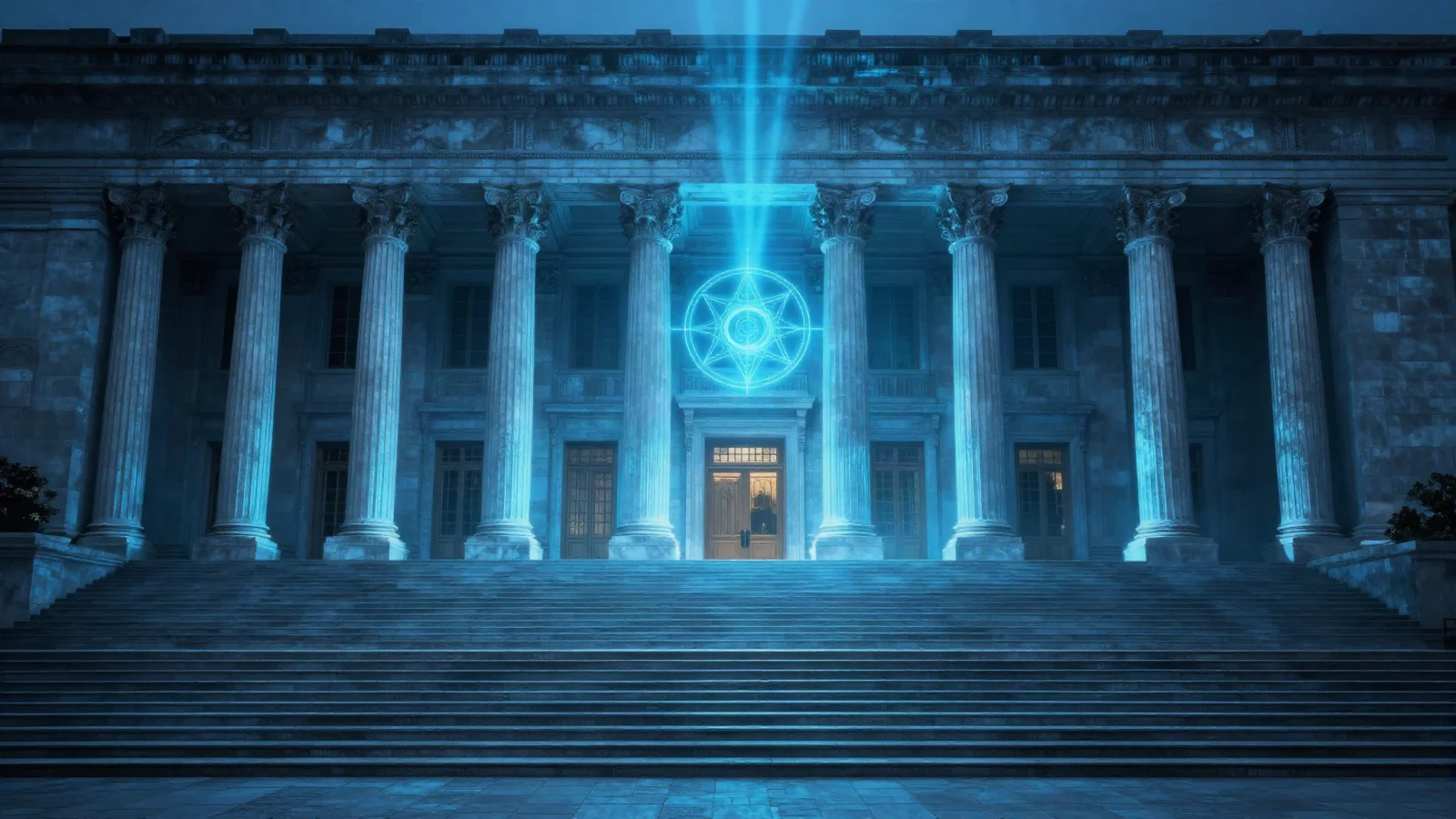 Monumental colonnaded public library facade at blue hour