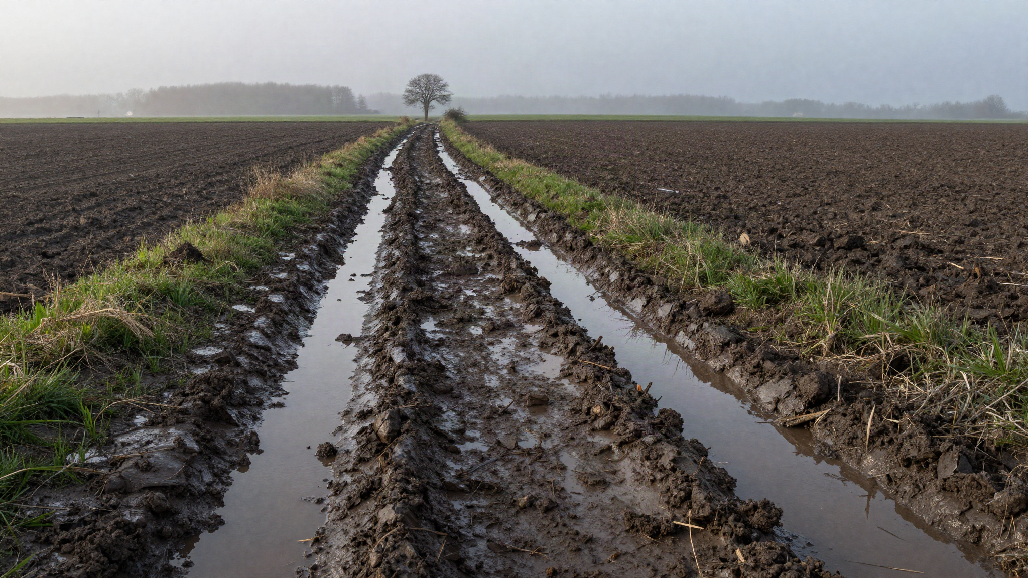 A muddy farm track forking into two directions across Belgian farmland at grey dawn.