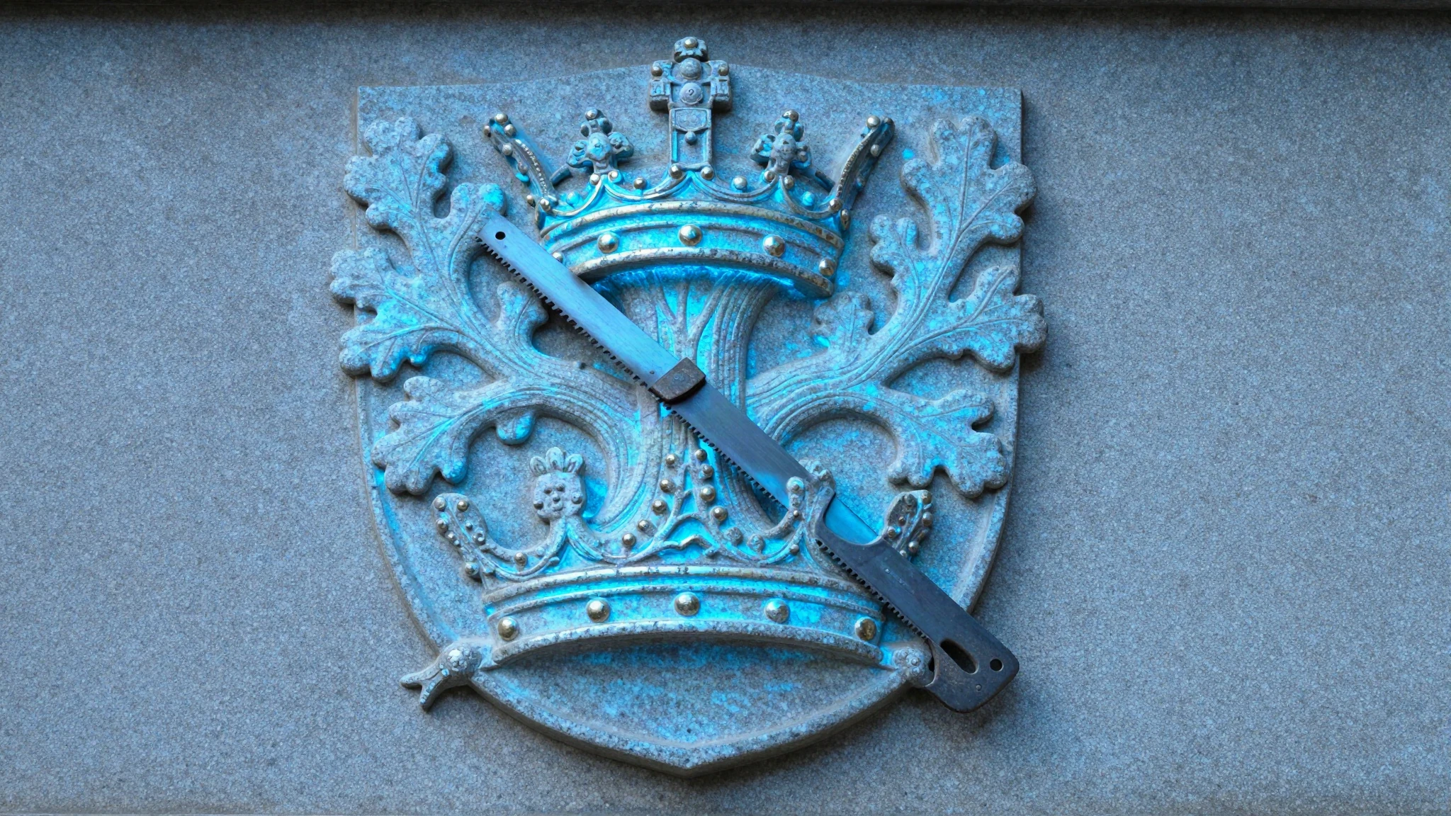 Stone clan crest carved in relief: an oak tree pierced by a frame saw beneath a coronet