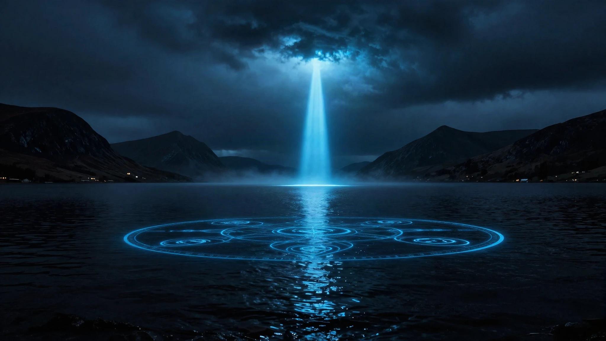 A dark Scottish loch at night with a single beam of light on the water