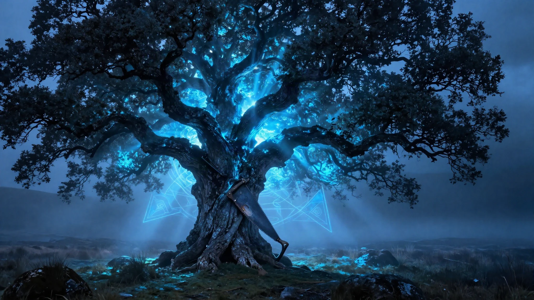 Ancient oak in a misty Scottish glen with a saw driven through the trunk