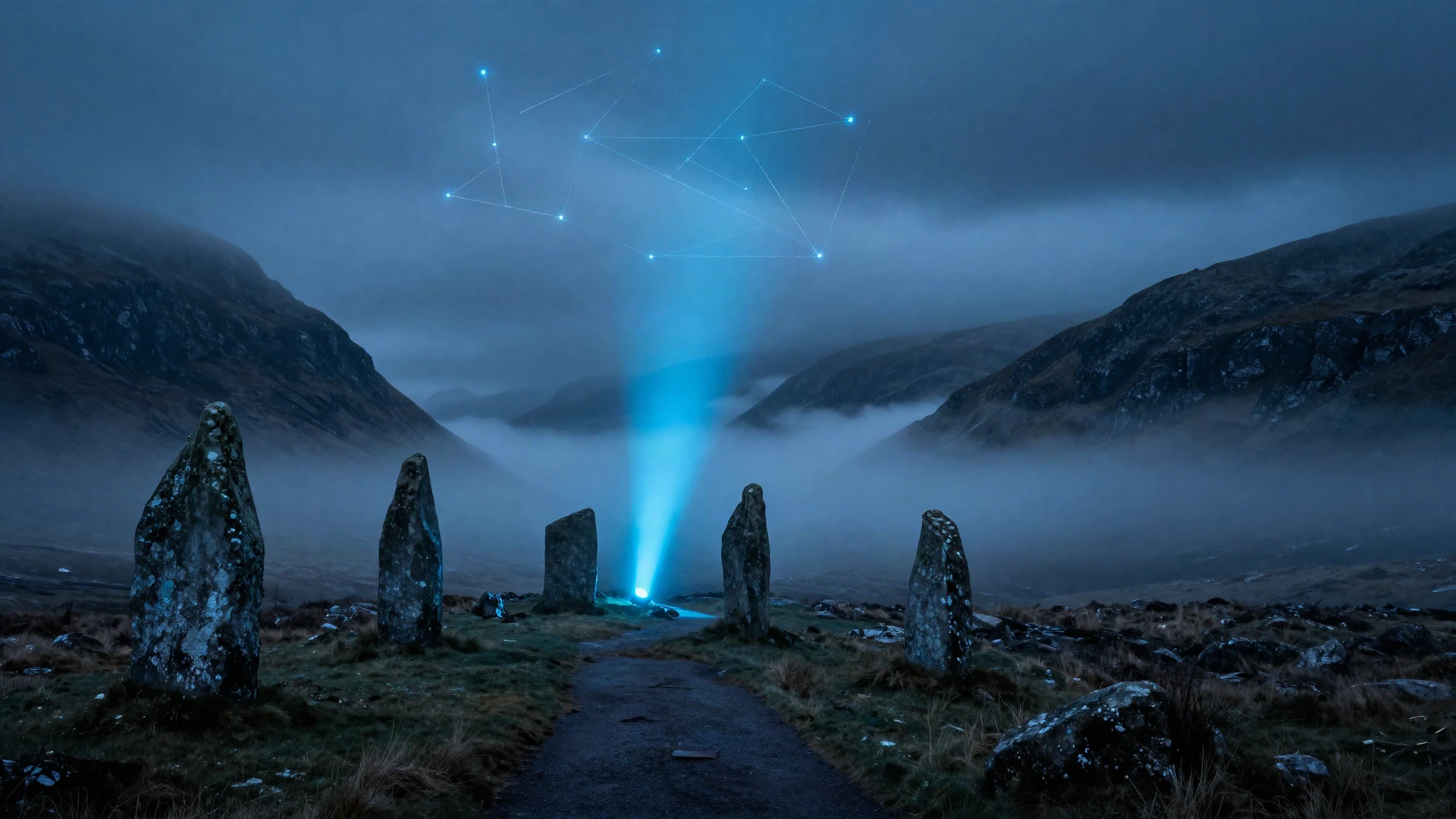 A misty Scottish highland pass at night with a shaft of light on the path ahead