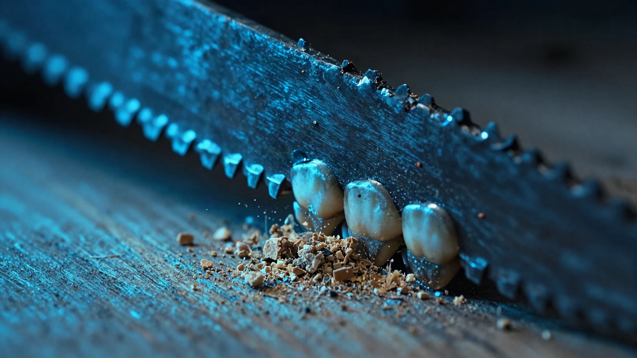 Extreme close-up of saw teeth biting into oak grain