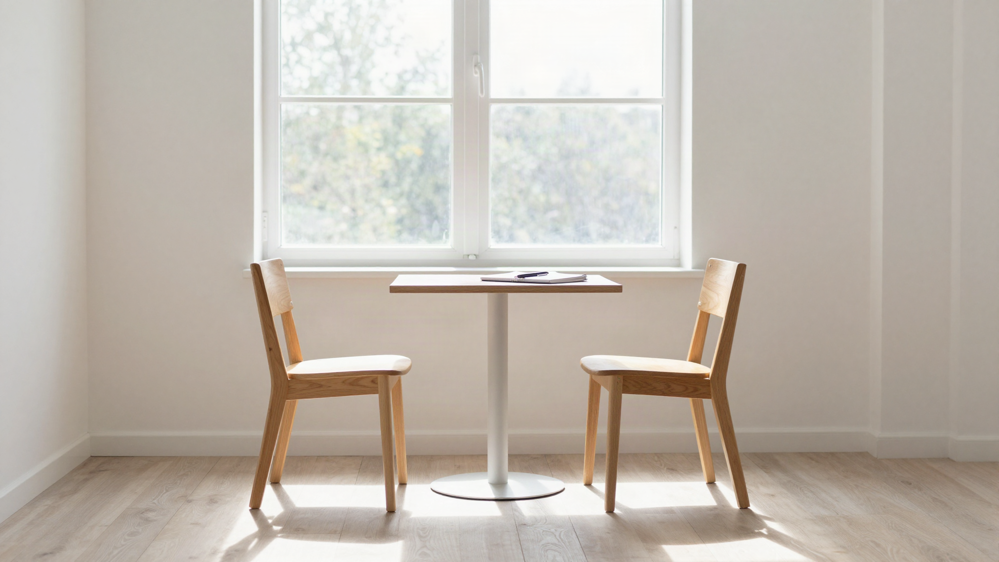 Two empty chairs facing each other across a bare table beside a bright window.