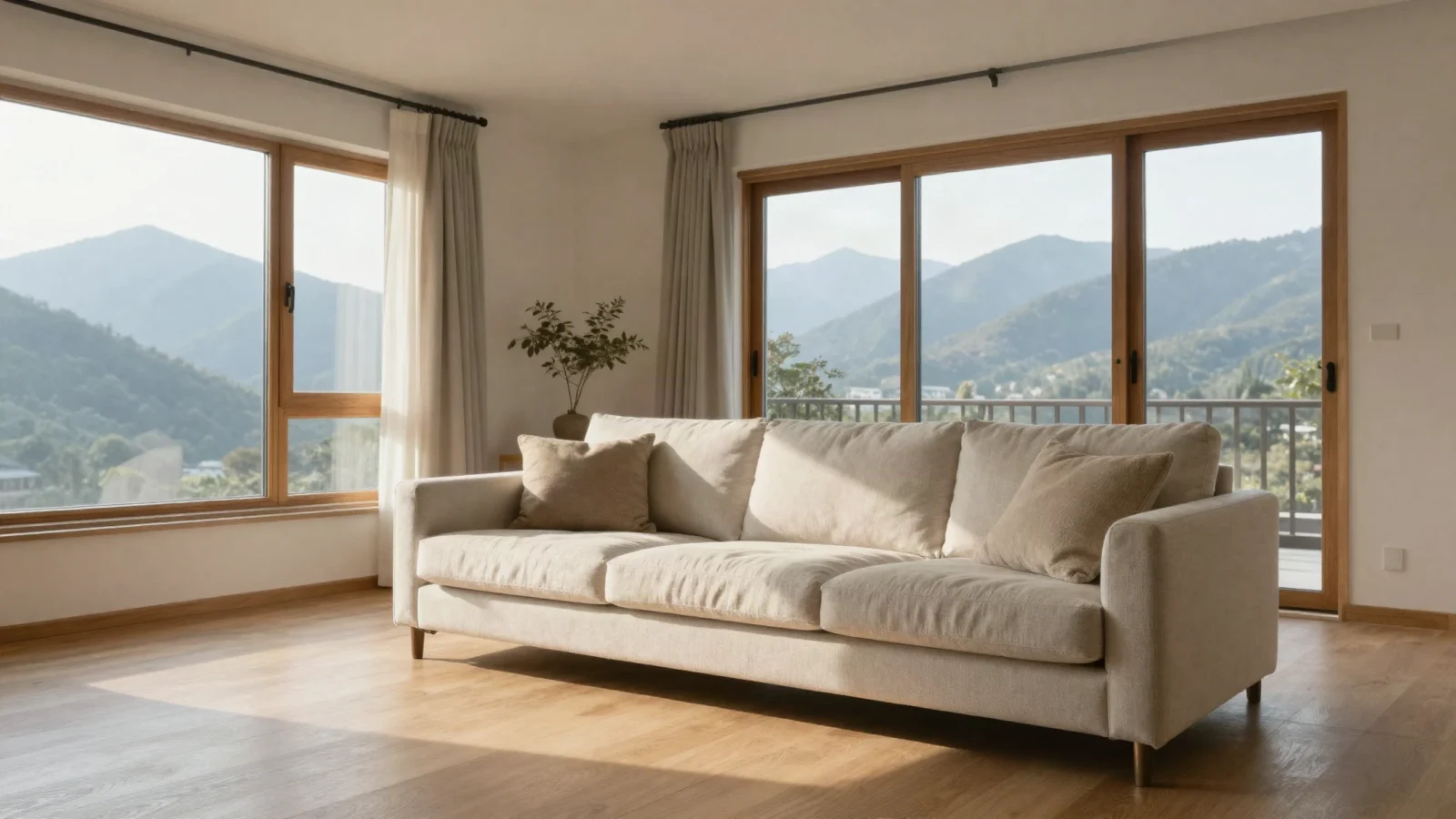 Bright modern short term rental living room with morning light and a mountain view