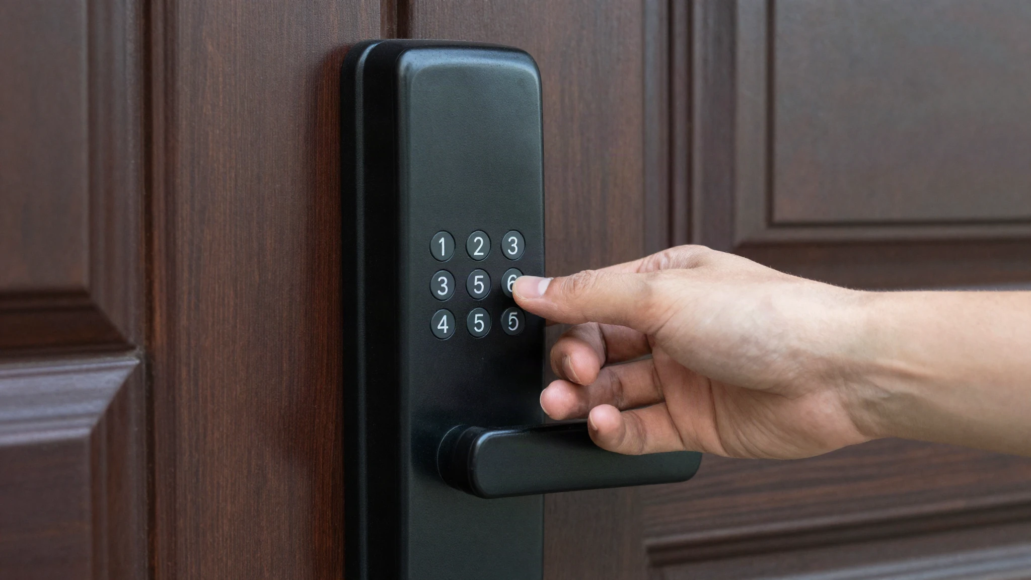 A hand entering an access code on a black keypad smart lock on a timber front door