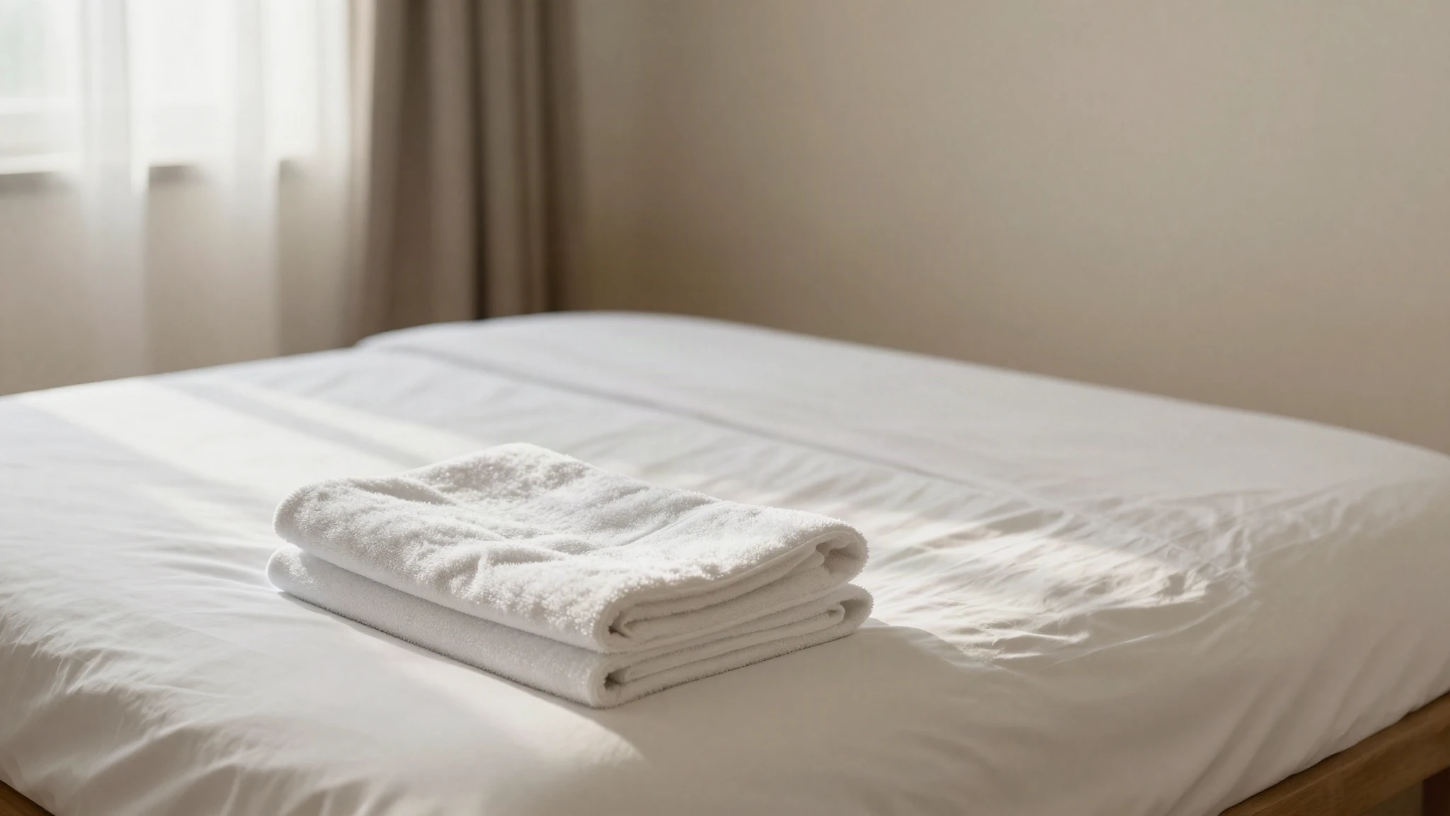 A freshly made bed with crisp white linens and folded towels in a rental bedroom