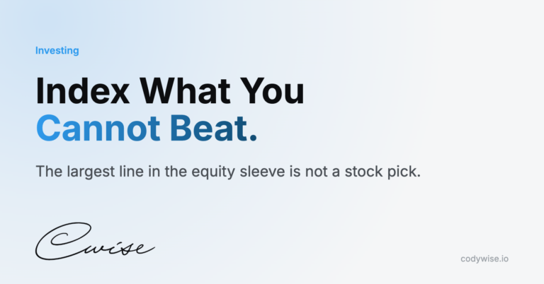 Card reading Index What You Cannot Beat. The largest line in the equity sleeve is not a stock pick.