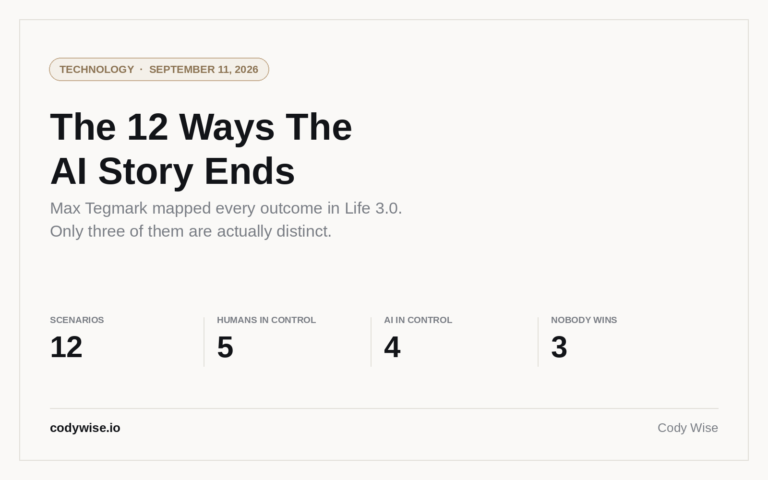 Card reading The 12 Ways The AI Story Ends with 12 scenarios, 5 humans in control, 4 AI in control, 3 nobody wins