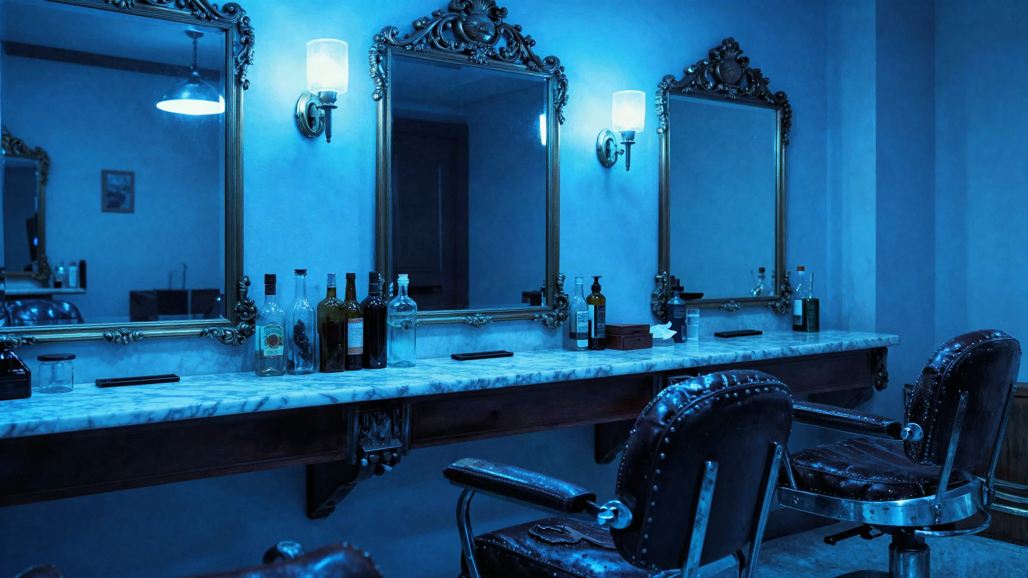The interior of a vintage barbershop at night