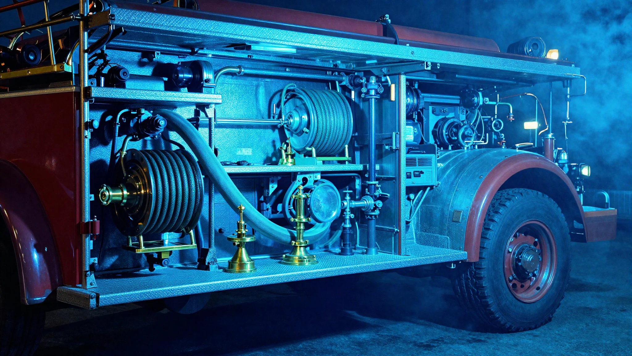 A vintage fire station engine bay at night