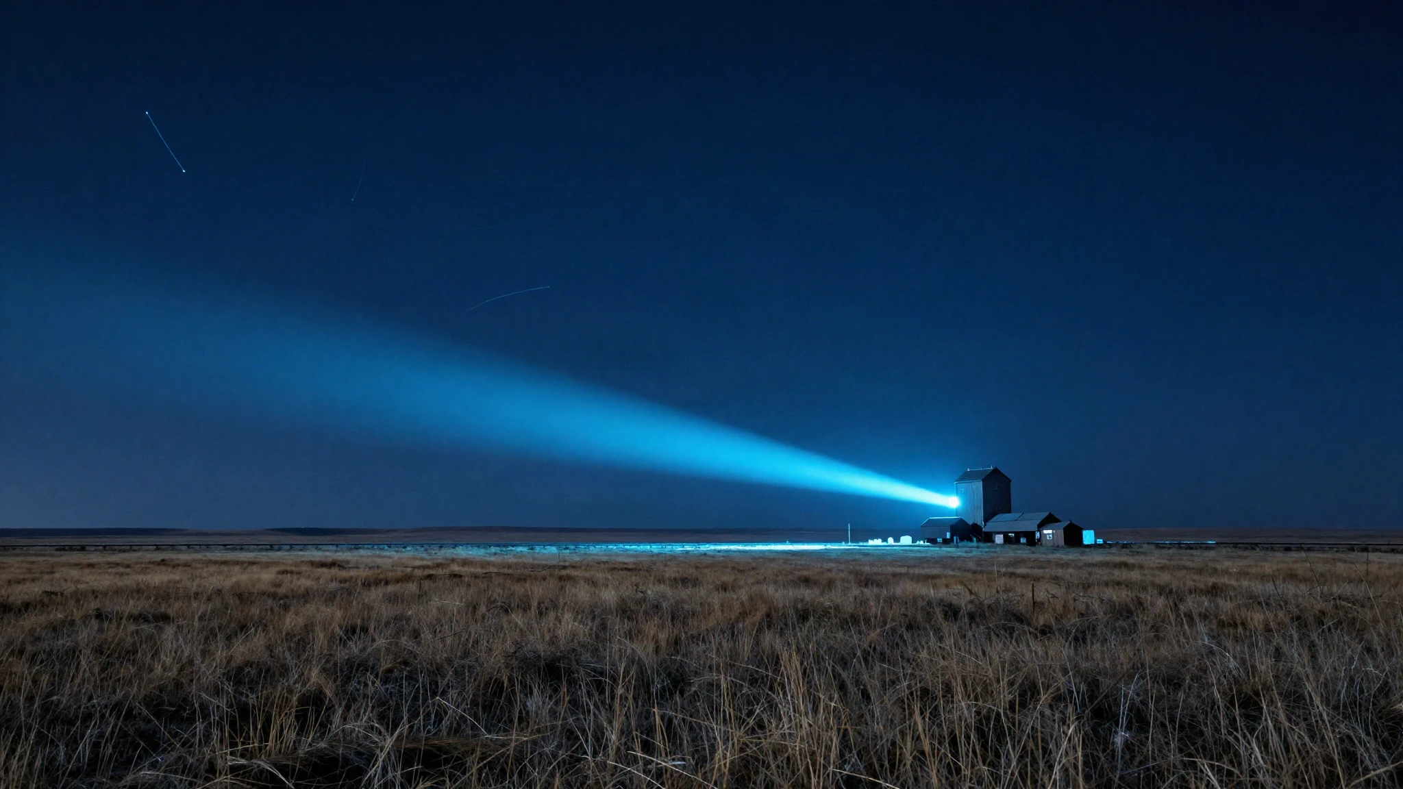 A wide Alberta prairie at night with a beam of light breaking through cloud