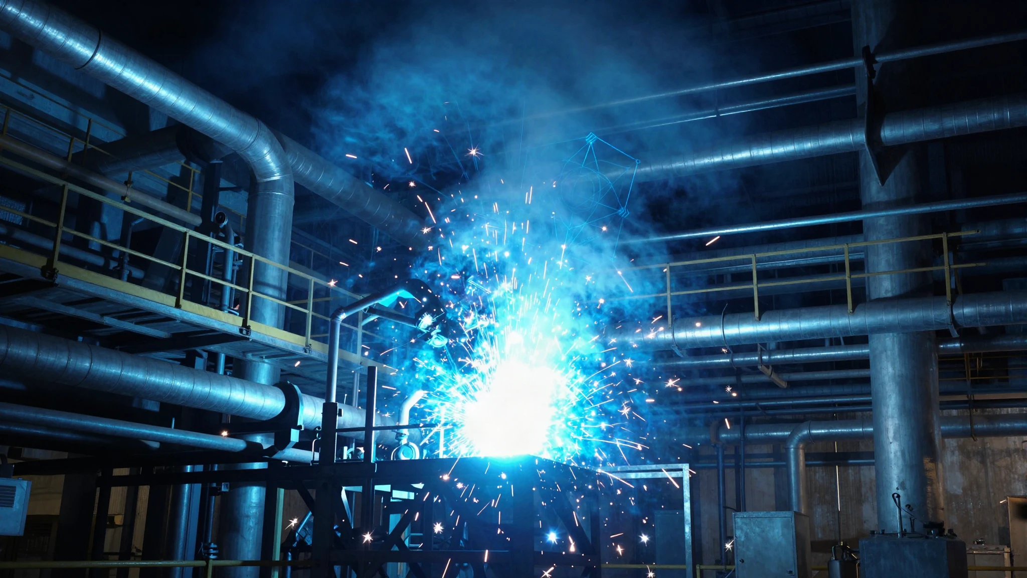A welding arc lighting a dark industrial boiler plant at night