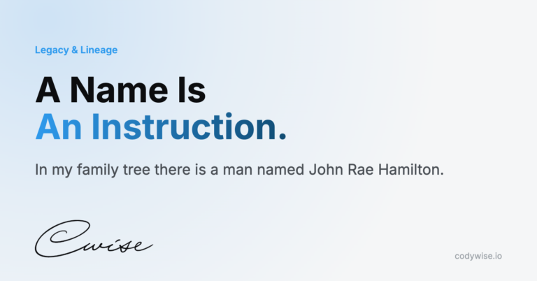 Card reading A Name Is An Instruction. In my family tree there is a man named John Rae Hamilton.