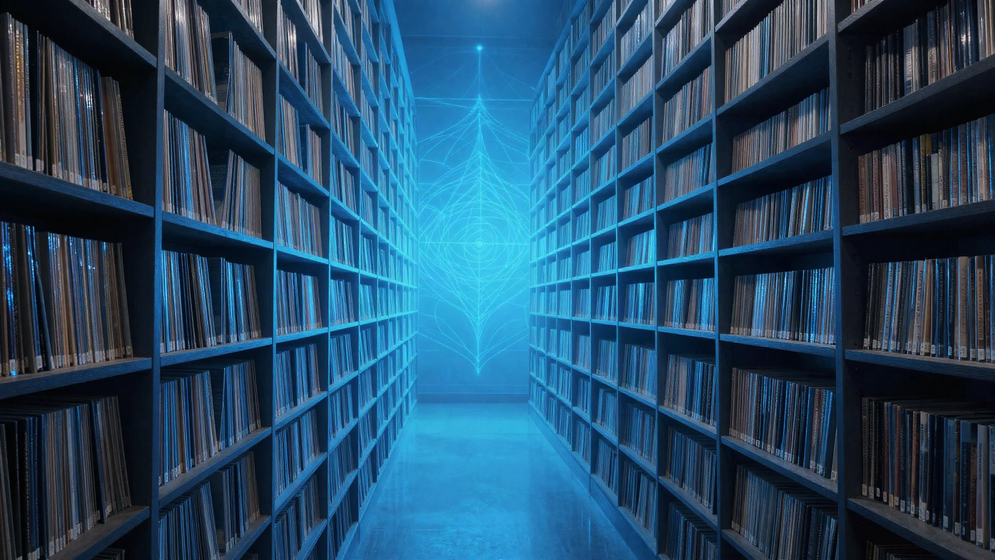 A vast archive wall of identical blank record sleeves receding into blue haze