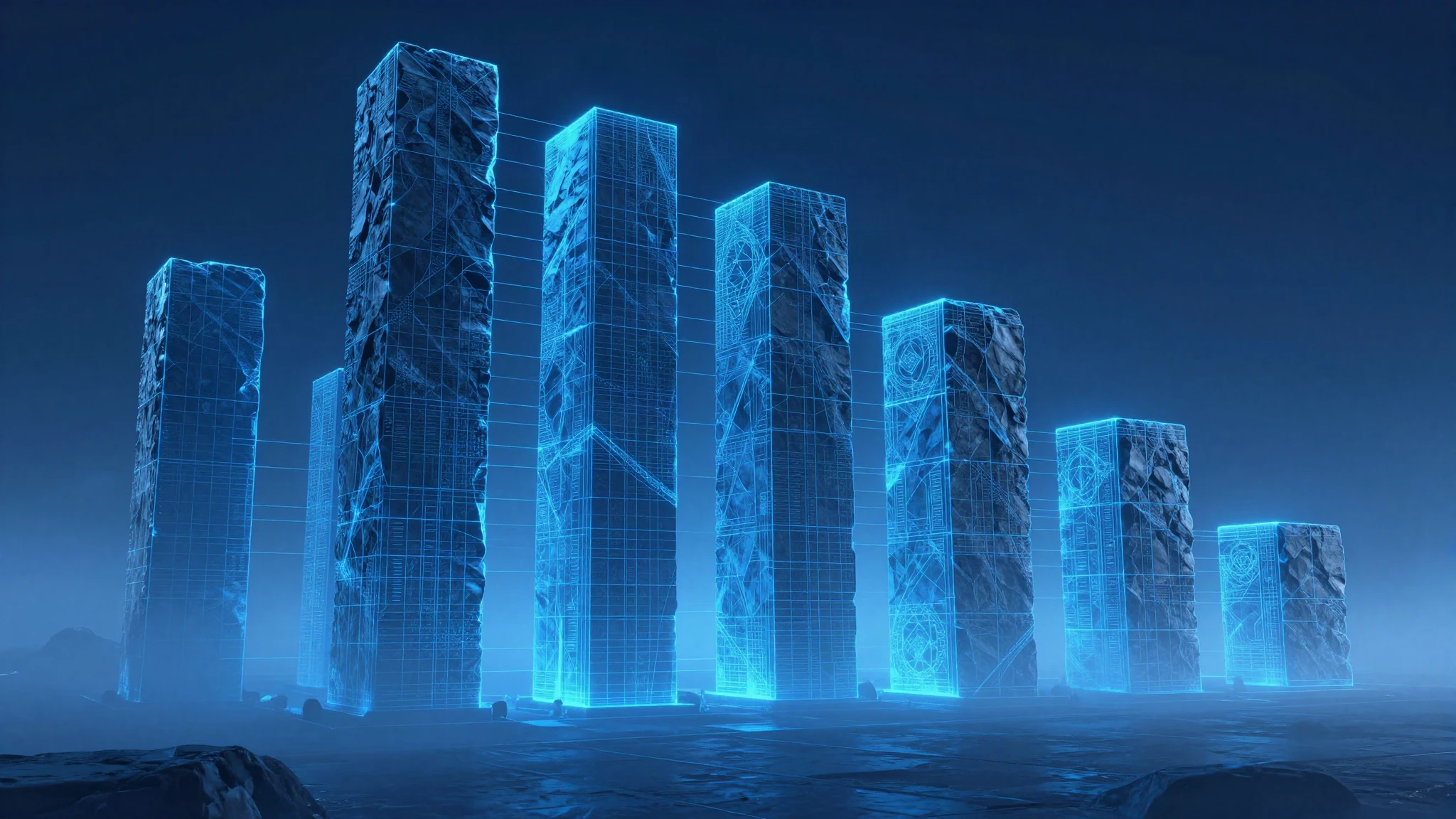 Ascending monolithic stone blocks rising like a bar chart out of low blue fog with blueprint linework