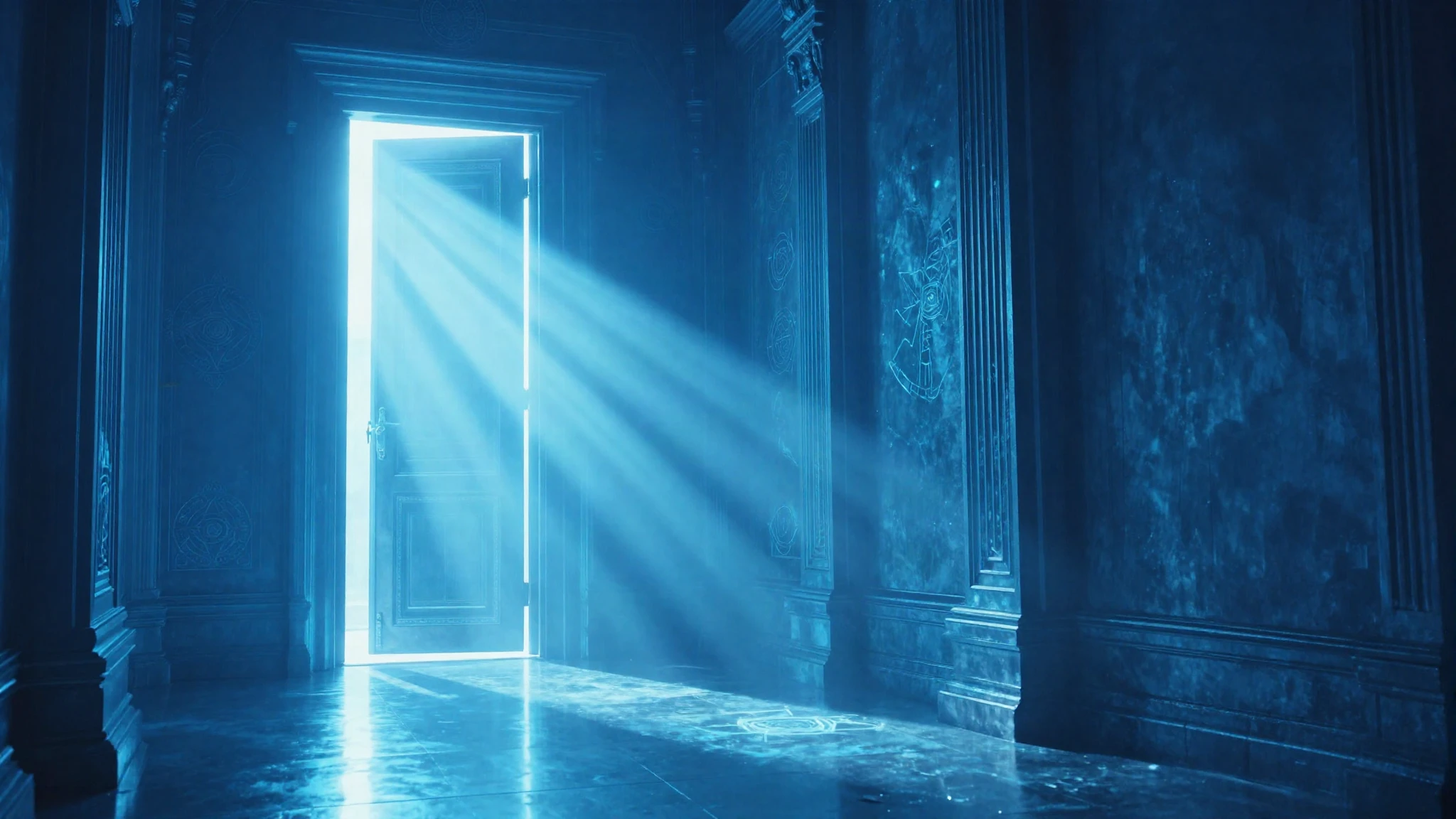 A long corridor with brilliant blue light pouring around a single tall door at the far end