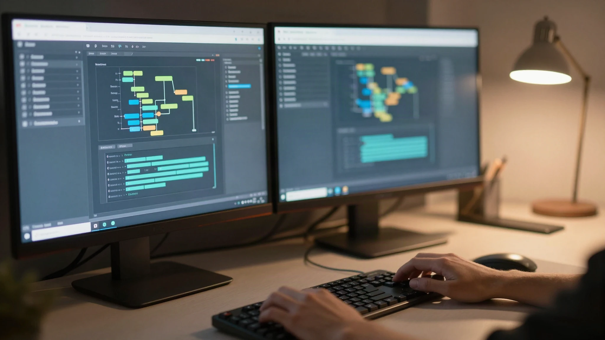 A developer workstation at night with hands on a mechanical keyboard and workflow diagrams on screen