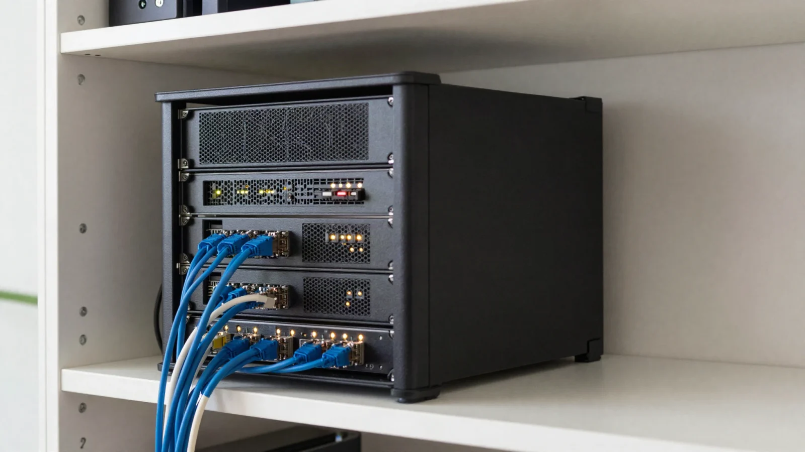 A compact home lab server rack on a shelf with status LEDs and neatly bundled ethernet cables